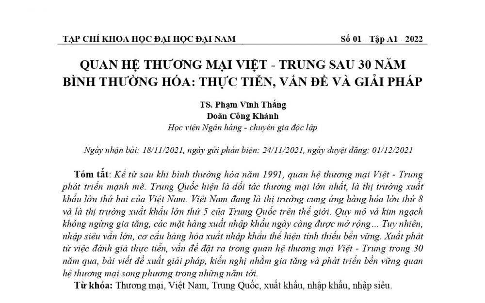 Quan hệ thương mại Việt Trung sau 30 năm bình thường hóa